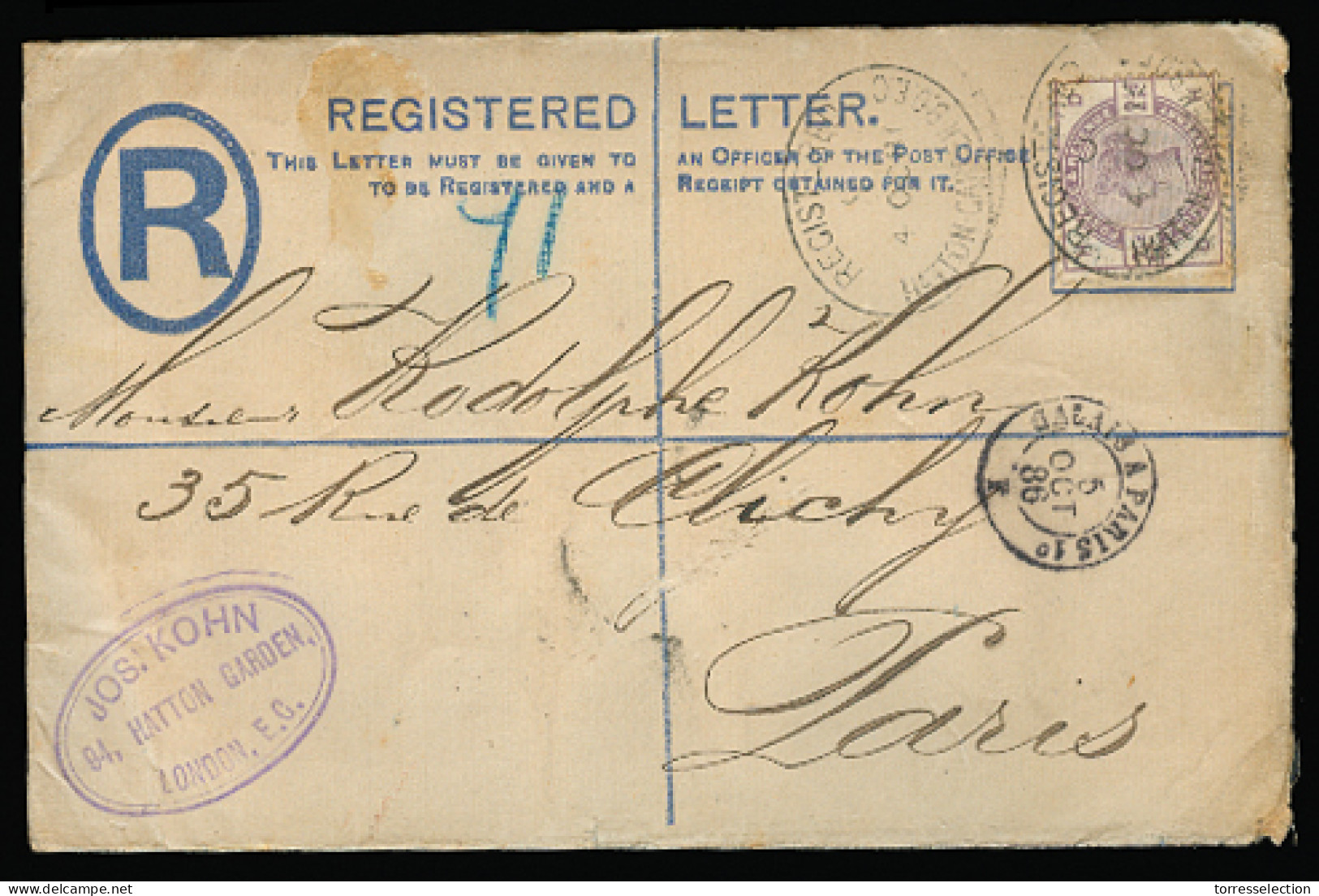 GREAT BRITAIN. 1886. London - France. Registr Stat Env + 2 1/2d Adtl. - ...-1840 Voorlopers