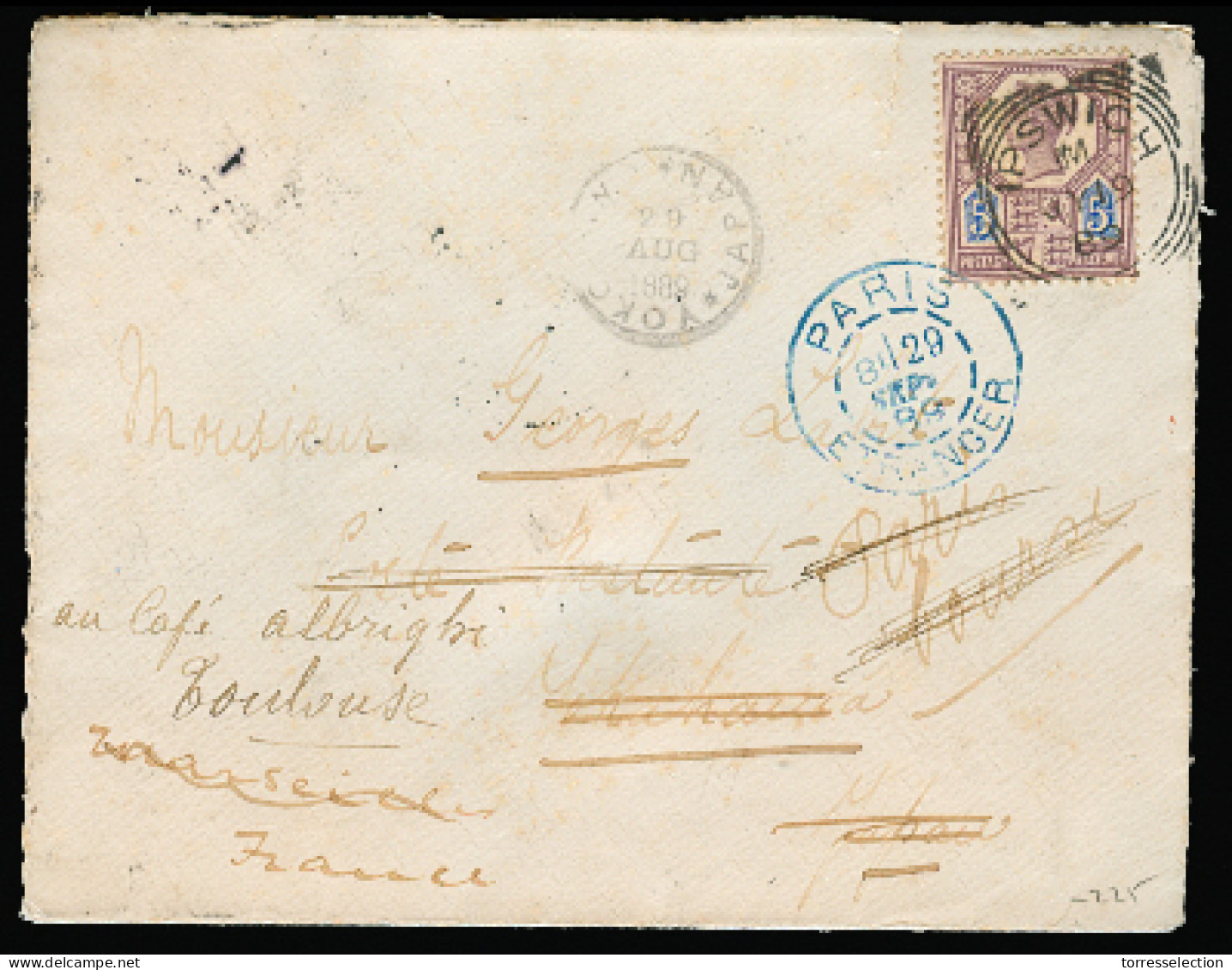 GREAT BRITAIN. 1889. Ipswich - JAPAN - France. Env 5d Cds, Fwded With Transits Cachets On Front. Very Appealing Doble Ra - ...-1840 Préphilatélie