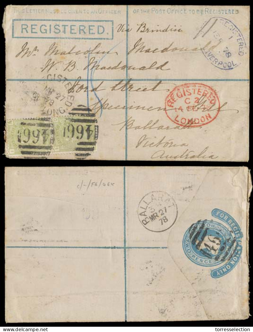 GREAT BRITAIN. 1878. Liverpool - Australia. Registr 2d Stat Env + Adtls 4d Green Vert Pair, Pl. 16, Tied 466 Blue Reg. L - ...-1840 Precursori