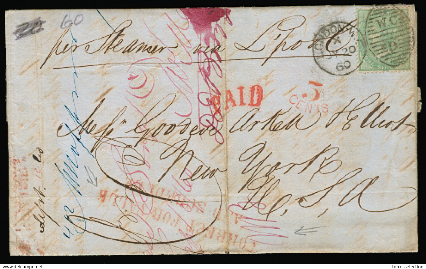 GREAT BRITAIN. 1860 (Jly 20). London - USA (4 Sept 60). EL Fkd 1 Sh With "CORRECT FOR POSTAGE / AND SCHEDULE" + Paid + 5 - ...-1840 Precursori