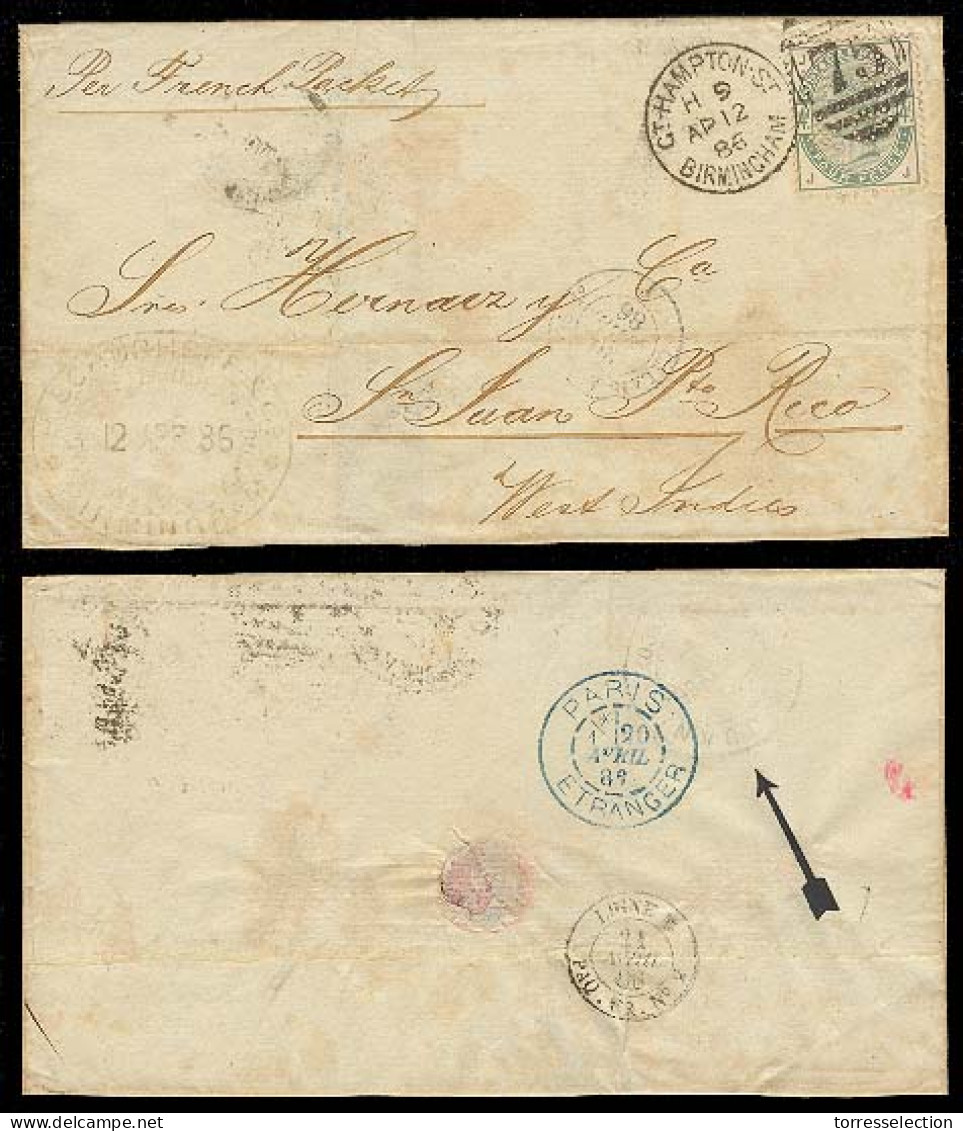 GREAT BRITAIN. 1886. Birmingham - PUERTO RICO. EL Frkd 4d, Carried By French Steamer + "Ligne B / Paq. Fr Nº2" (xxx), Cd - ...-1840 Voorlopers