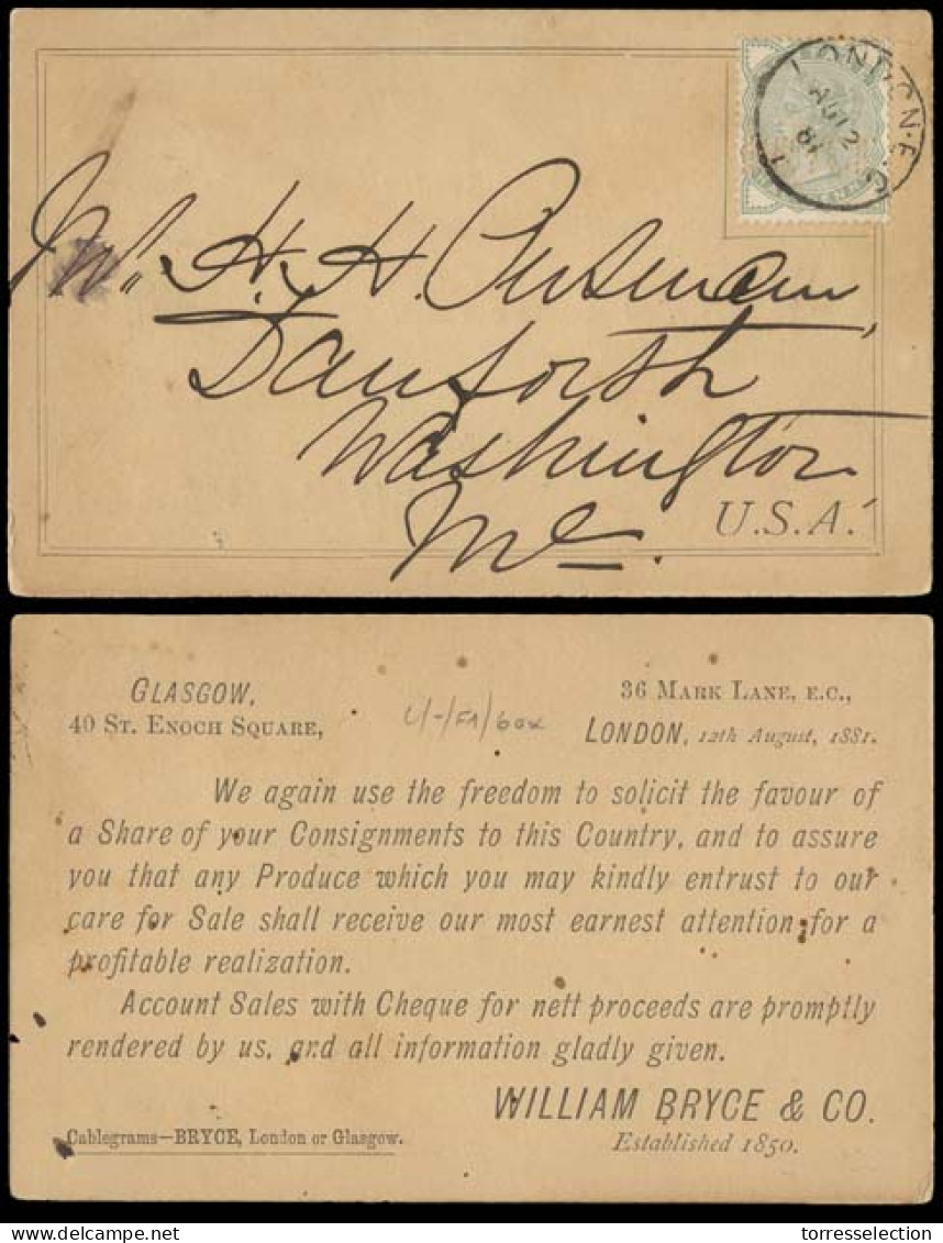 GREAT BRITAIN. 1881 (Aug 12). London - USA. Early Card Frkd 1/2d (perfin PRYCE), Cds. VF Scarce Early Usage. - ...-1840 Vorläufer