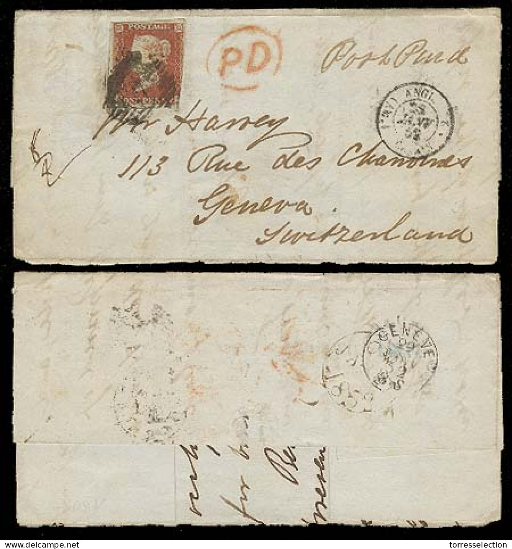 GREAT BRITAIN. 1852. London - Switzerland. Lettersheet (part Of Back Flap Gone) Frkd 1841 1d Red Mns POST PAID + PD + Fr - ...-1840 Vorläufer