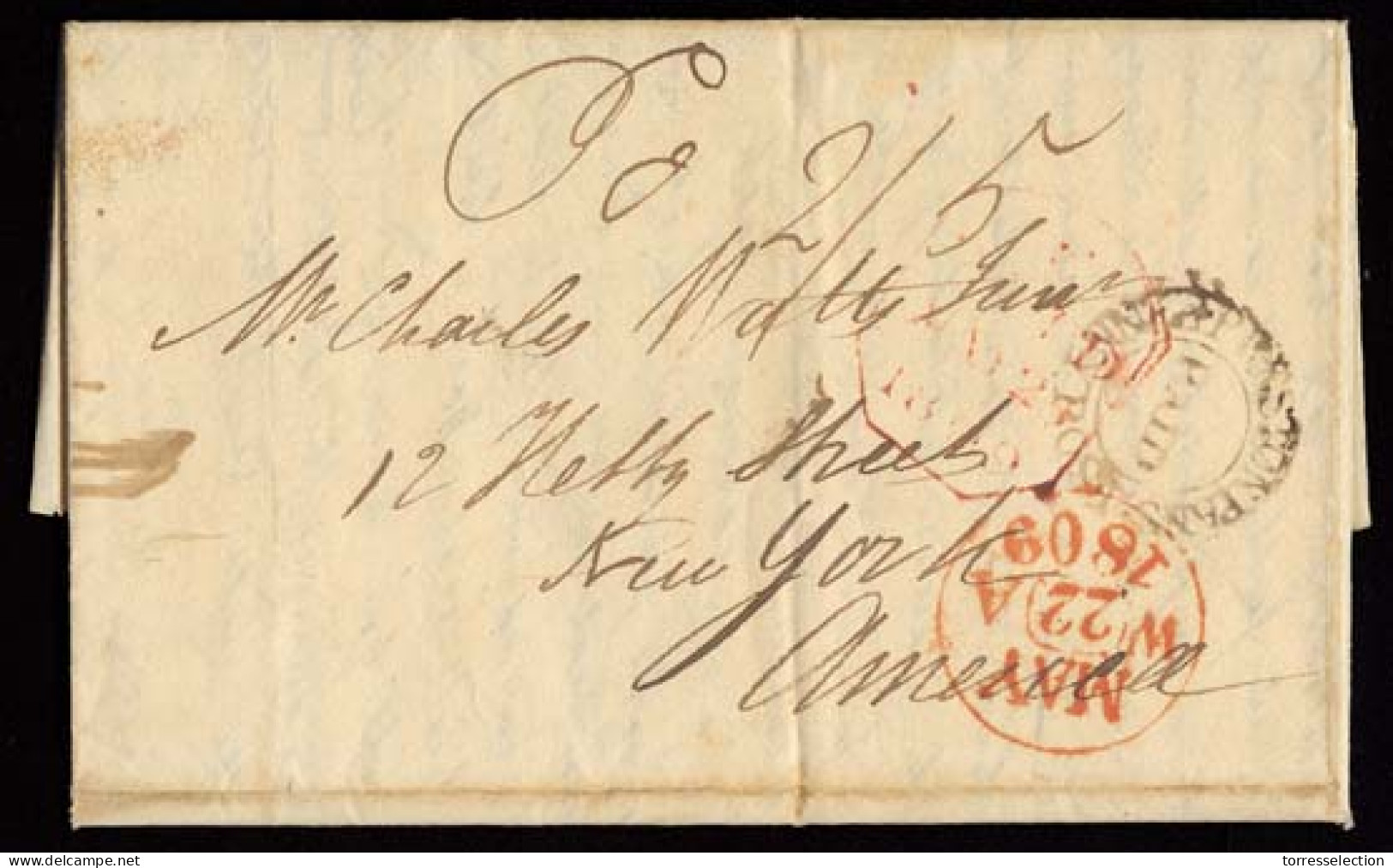 GREAT BRITAIN. 1809 (22 May). Preston Pans - USA / NY. EL With Doble Ring Brown "Preston Pans / PAID / PENNY POST" (xxx) - ...-1840 Voorlopers