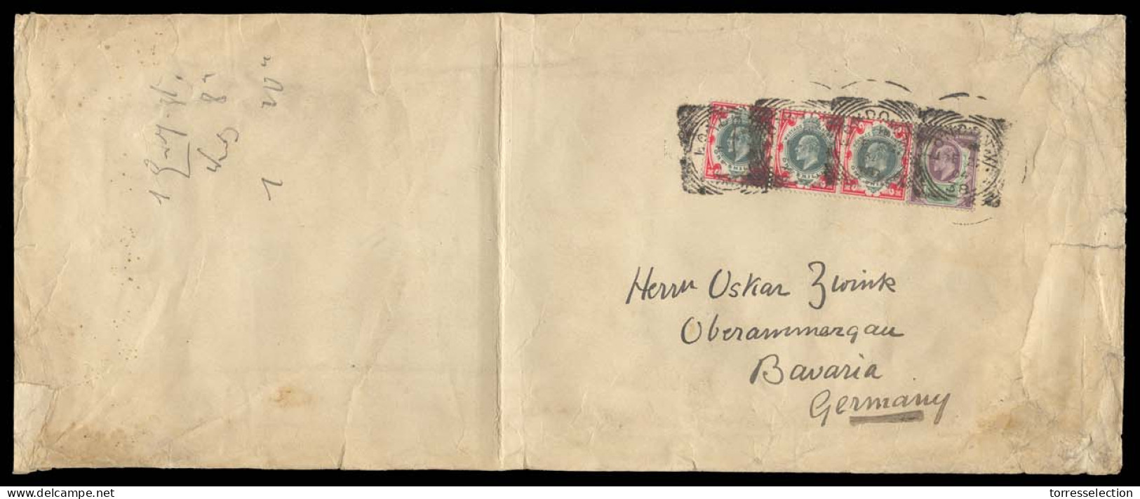 GREAT BRITAIN. 1904. London - Germany. Env Frkd 1sh Strip Of Three + 1 1/2d Cds. Scarce High Frkg. - ...-1840 Precursores