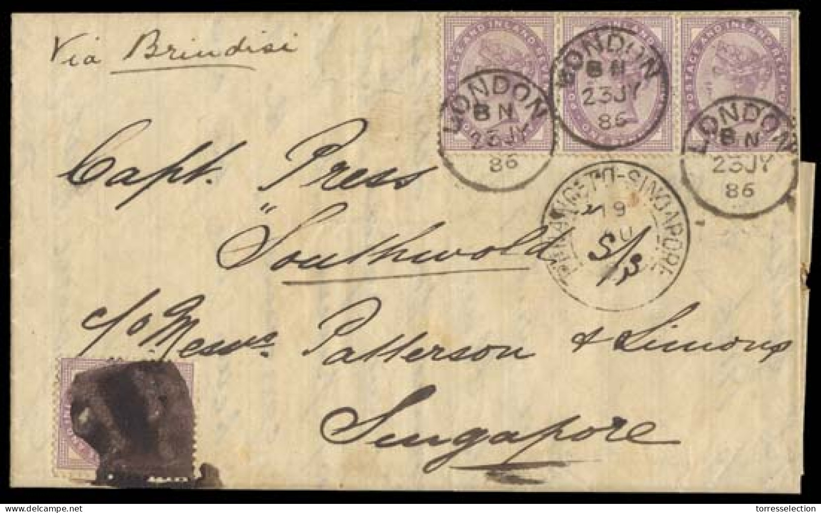 GREAT BRITAIN. 1886. London - Singapore. EL Frkd 1d Violet X 4, Cds + (last Minute) Cork. "Penang - Singapore" Cds Along - ...-1840 Voorlopers