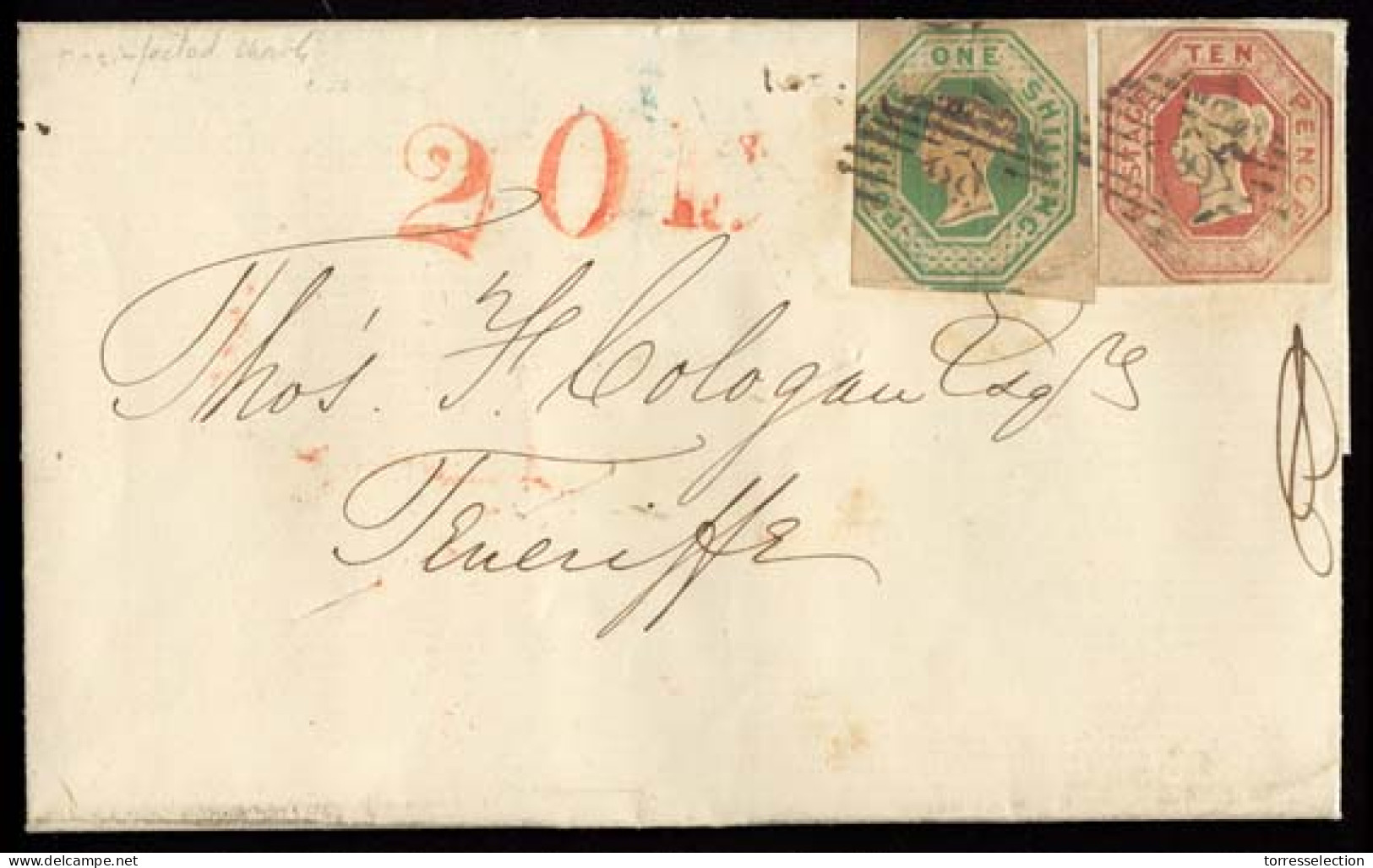 GREAT BRITAIN. CANARY ISLANDS - GB. 1854 (22 April) London - TENERIFE / Islas CANARIAS. EL With Text Frkd 10d + 1sh Embo - ...-1840 Prephilately