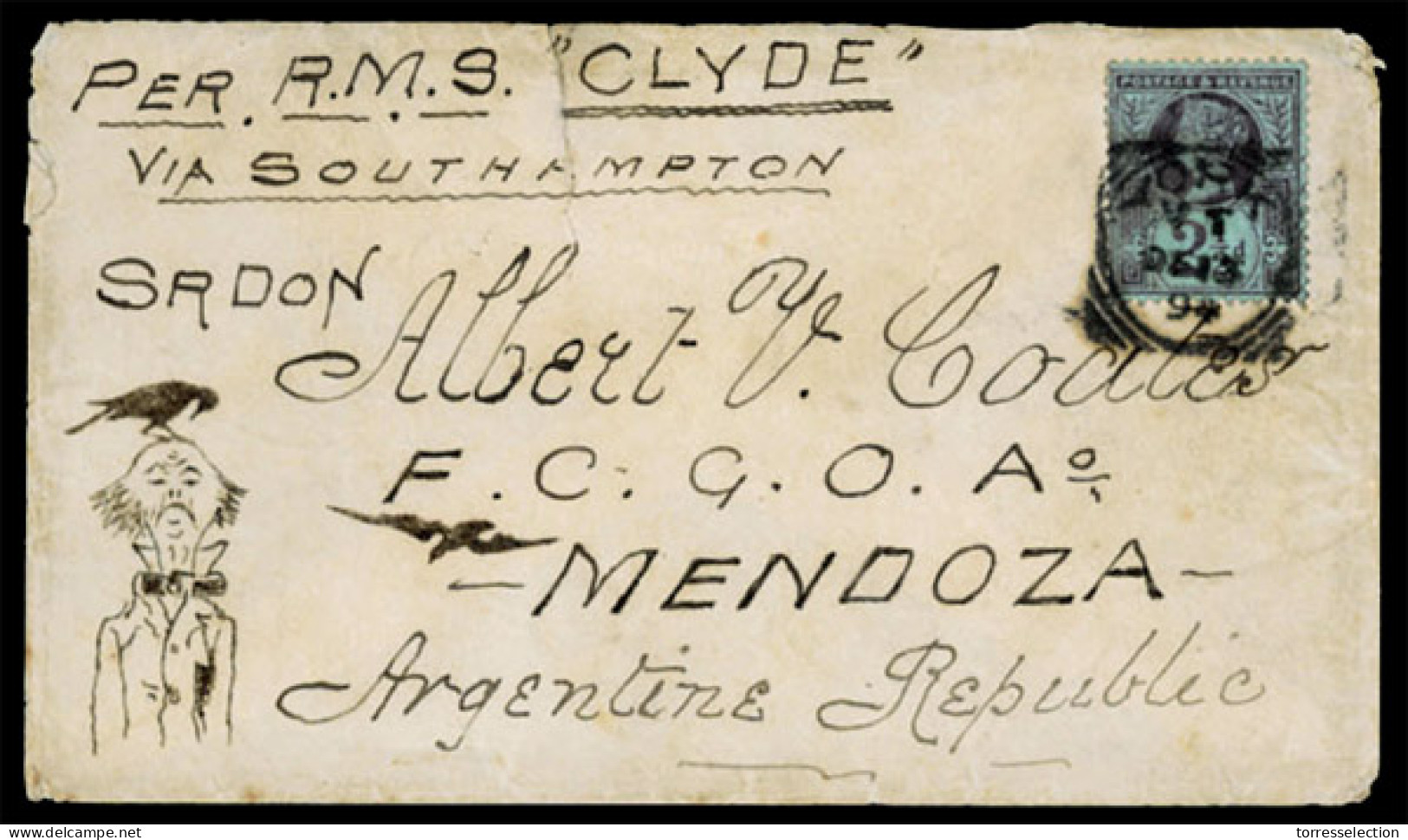 GREAT BRITAIN. 1894 (Dec 13) York To Mendoza, Argentine Per RMS "Clyde" Via Southampton, Humerous, Handrawn Illustrated  - ...-1840 Vorläufer