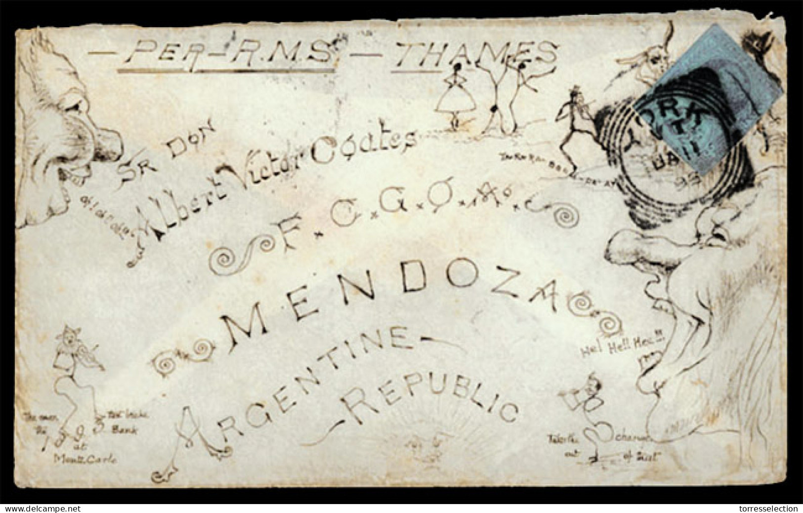 GREAT BRITAIN. 1893 (Jan 11). York To Mendoza, Argentine Per R.M.S. "Thames", Humerous, Handrawn Illustrated Envelope Fr - ...-1840 Voorlopers