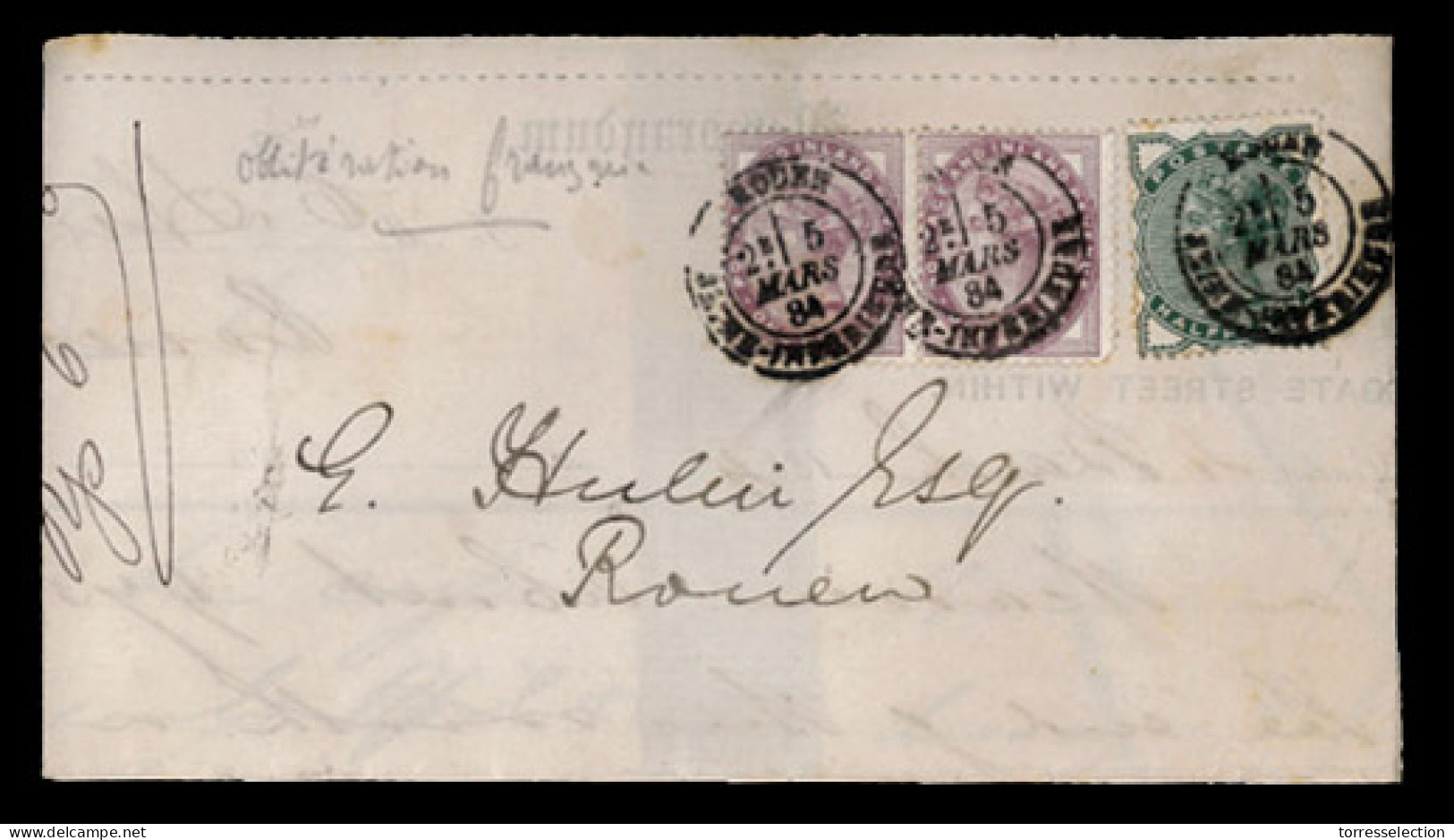 GREAT BRITAIN. GREAT BRITAIN: 1884, March 4. Entire Letter To Rouen, France Franked By 1881 Pair Of 1d Lilac And 1880 1/ - ...-1840 Préphilatélie