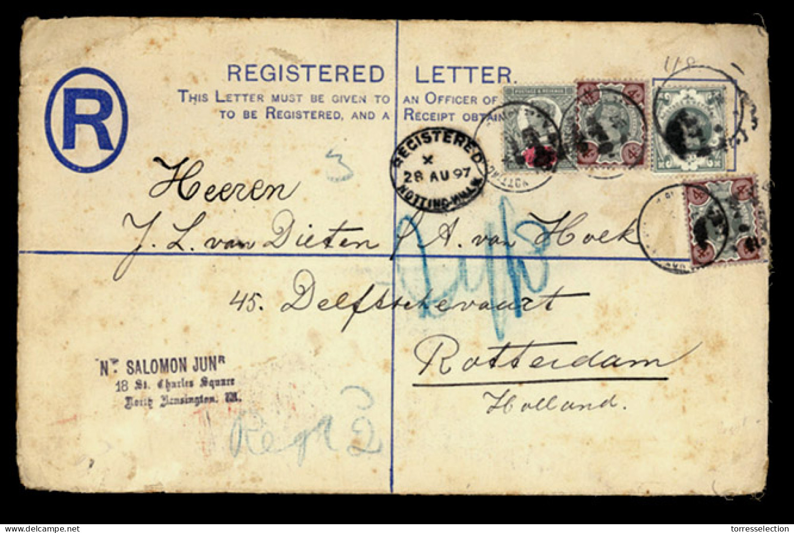 GREAT BRITAIN. 1897 (Aug 28). GREAT BRITAIN-MALTA. 2d Blue Registered Postal Stationery Malta Envelope (size H) Up-rated - ...-1840 Préphilatélie