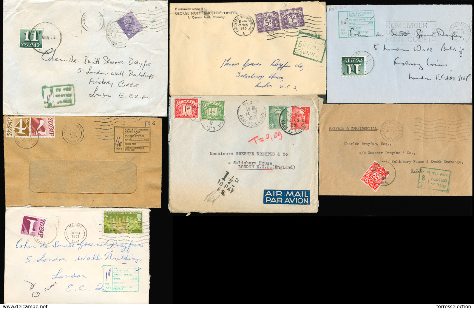 GREAT BRITAIN. 1951-75. TAXED MAIL. 7 Diff Env, Better P Dues Etc. VF. - ...-1840 Prephilately