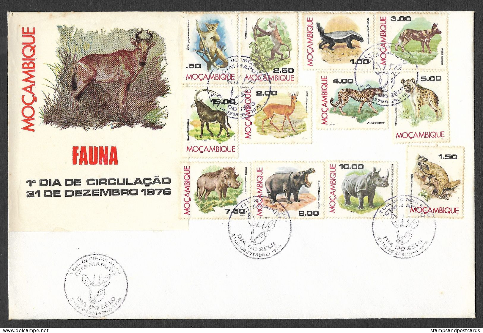 Mozambique Rare FDC Faune 1976 Fauna Rare FDC Rhinocéros Hippopotame Gibier Singe Guépard Rhino Hippo Monkey Cheetah - Mozambique