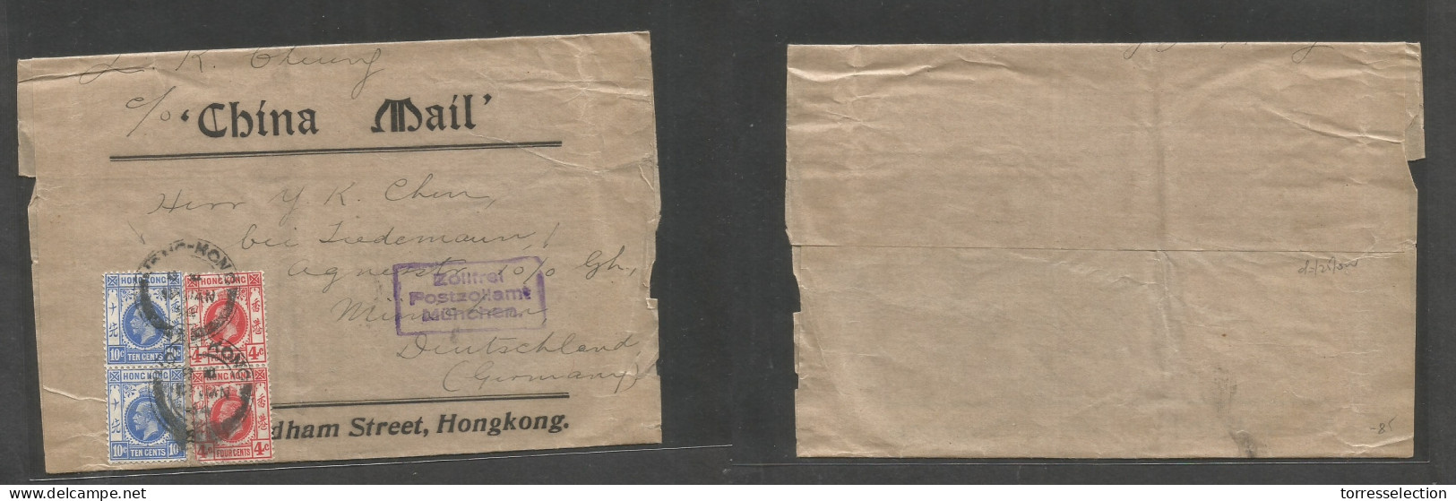 HONG KONG. 1924 (18 Jan) GPO - Germany, Munich. China Mail Multifkd Wraper At 28c Rate, Tied Cds. At Arrival Destination - Sonstige & Ohne Zuordnung