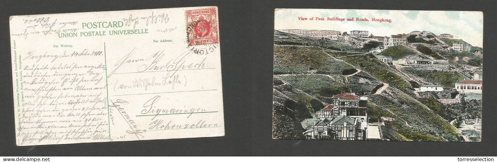 HONG KONG. 1910 (14 Febr) Victoria - Germany, Sigmanihgen. Peak Roads Fkd Color Ppc. Fine. - Sonstige & Ohne Zuordnung