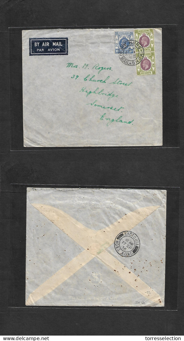 HONG KONG. 1936 (17 Sept) GPO Airmails - England, Somerset. Air Multifkd Env At 50c Rate. Fine. - Sonstige & Ohne Zuordnung