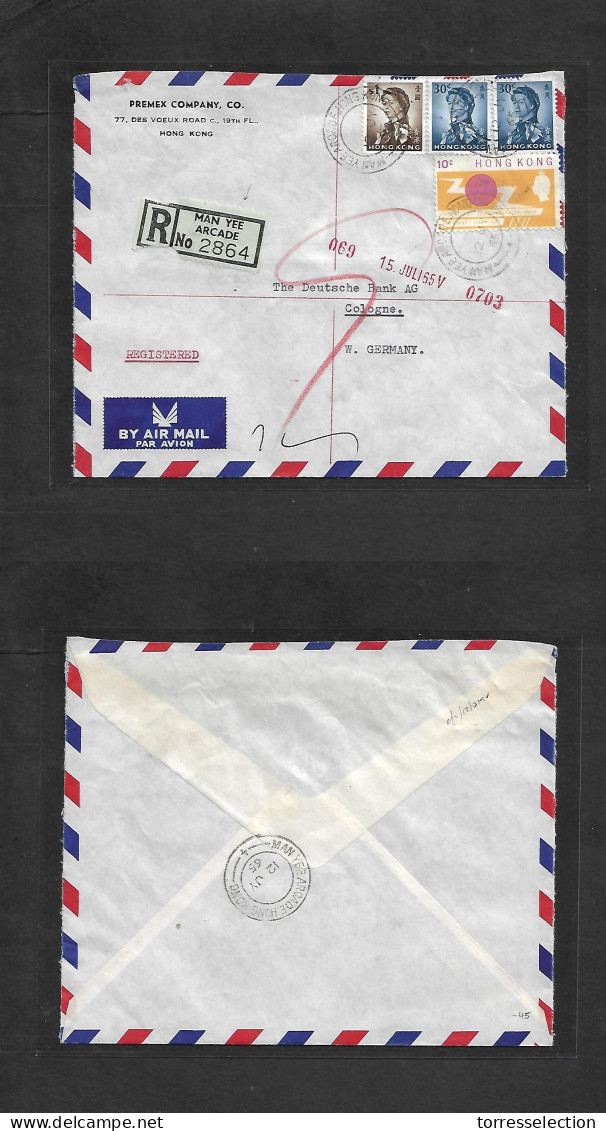 HONG KONG. 1965 (12 July) Man Yee Arcade - West Germany, Cologne. Air Multifkd Envelope, R-label. Fine District Usage. P - Other & Unclassified