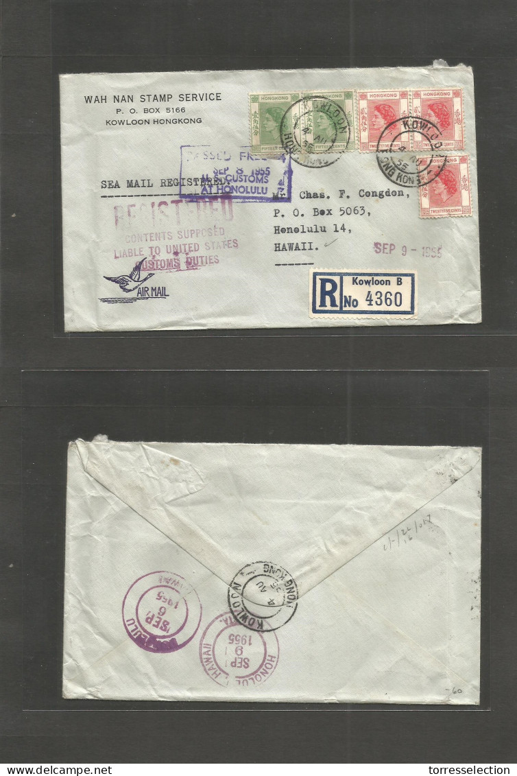 HONG KONG. 1955 (4 Aug) Kowloon - Hawaii, Honolulu (Sept 9) Registered Air Multifkd Envelope Incl Honolulu Customs Cache - Other & Unclassified