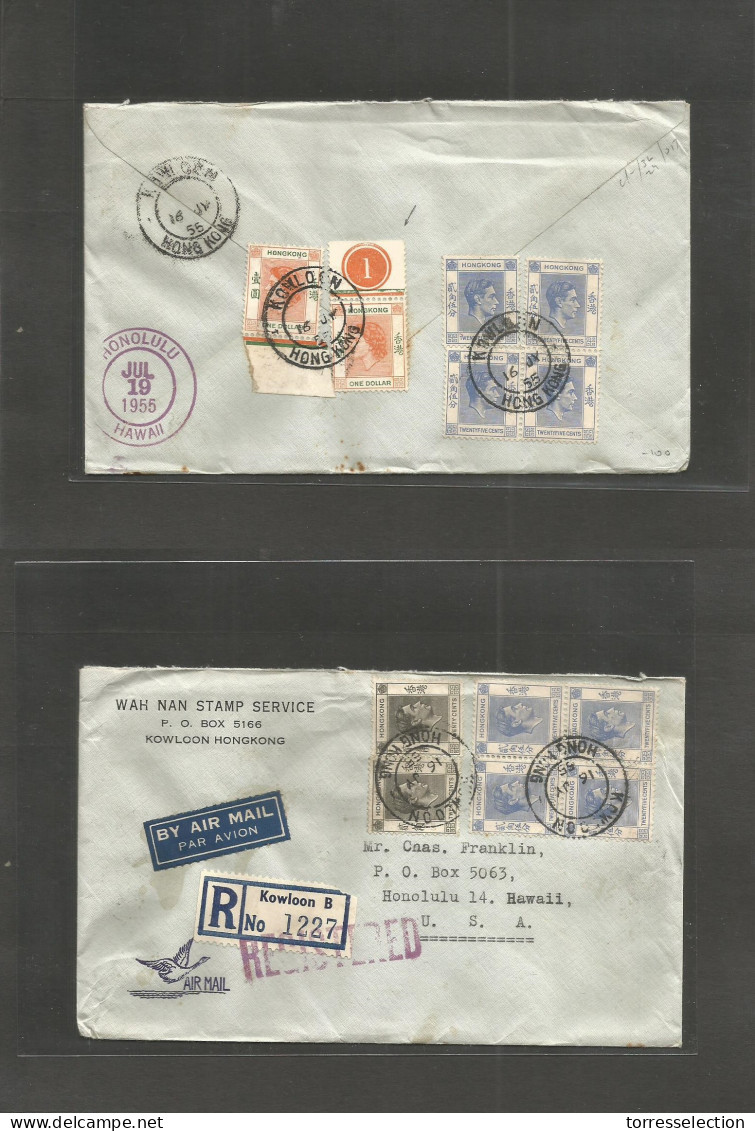 HONG KONG. 1955 (16 July) Kouloon - Hawaii, Honolulu (19 July) Registered Airmail Mixed Kings Issues Fkd Front Env Incl  - Other & Unclassified