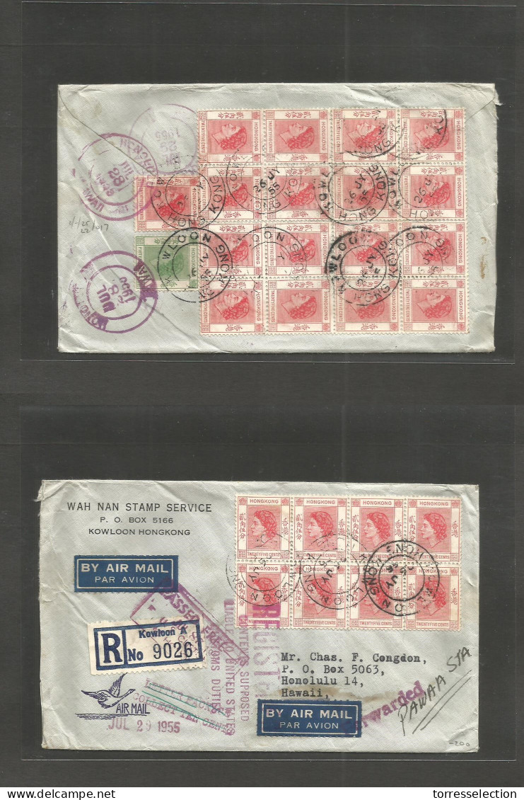HONG KONG. 1955 (26 July) Kowloon - Hawaii, Honululu (28 July) Registered Multifkd (front + Reverse) Envelope Bearing 25 - Other & Unclassified