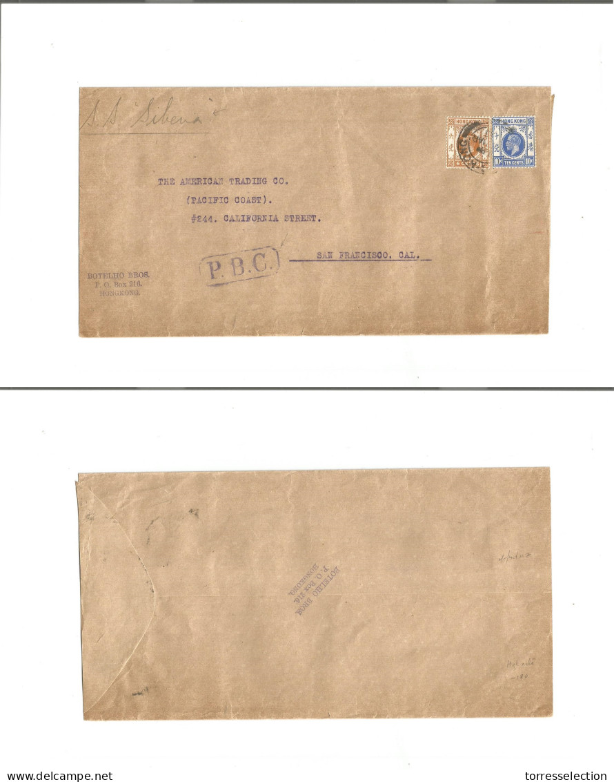 HONG KONG. 1915 (March) GPO - USA, San Francisco, CA Per SS. Siberia. Fkd Envelope At 16c Rate + "PRC" Censored WWI Cach - Other & Unclassified