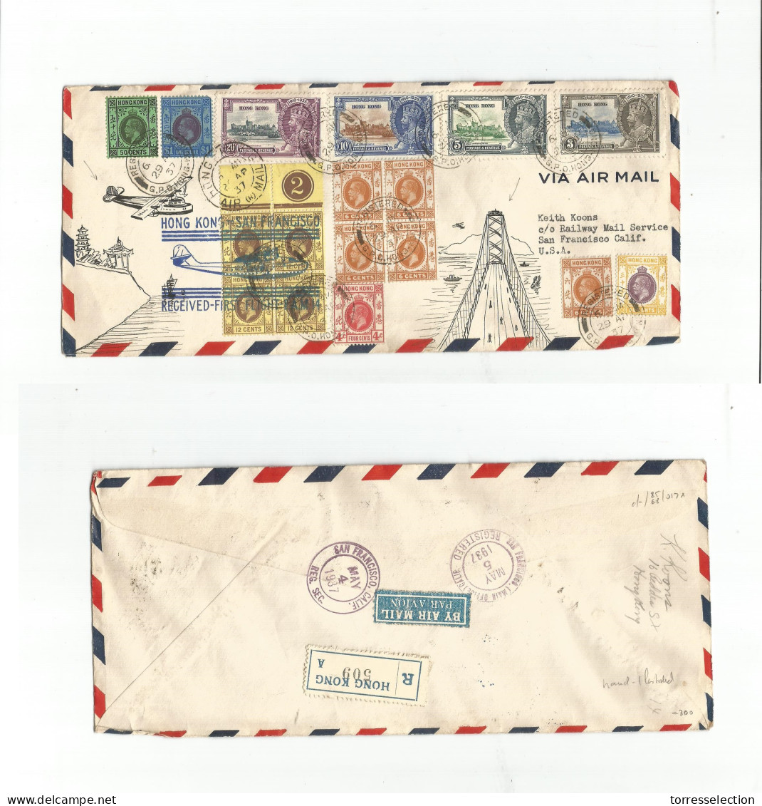 HONG KONG. 1937 (29 Apr) HK - USA, SF (4 May) First Flight Pacific Clipper Registered High Superfkd Envelope Hand Illust - Other & Unclassified