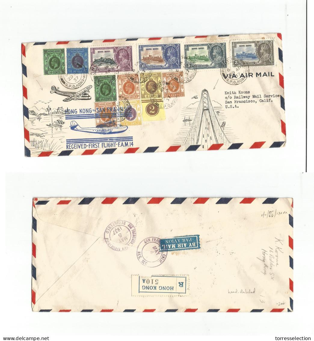 HONG KONG. 1937 (29 Apr) HK - USA, SF (5 May) First Flight. Pacific Clipper Multifkd Incl Crown Amir. Hand Illustrated E - Sonstige & Ohne Zuordnung