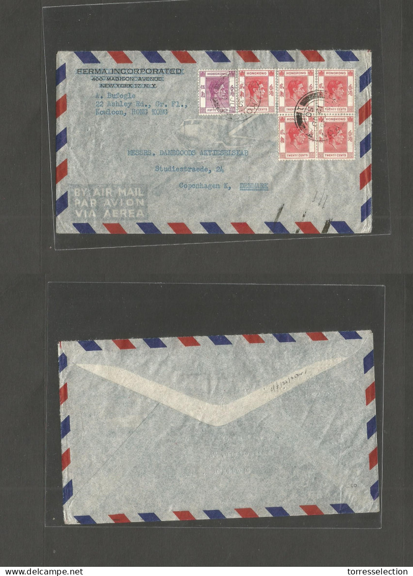 HONG KONG. 1950 (12 Jn) GPO - Denmark, Copenhagen. Air Multifkd Envelope Incl 20c. Reddish Block Of Four. VF. - Sonstige & Ohne Zuordnung