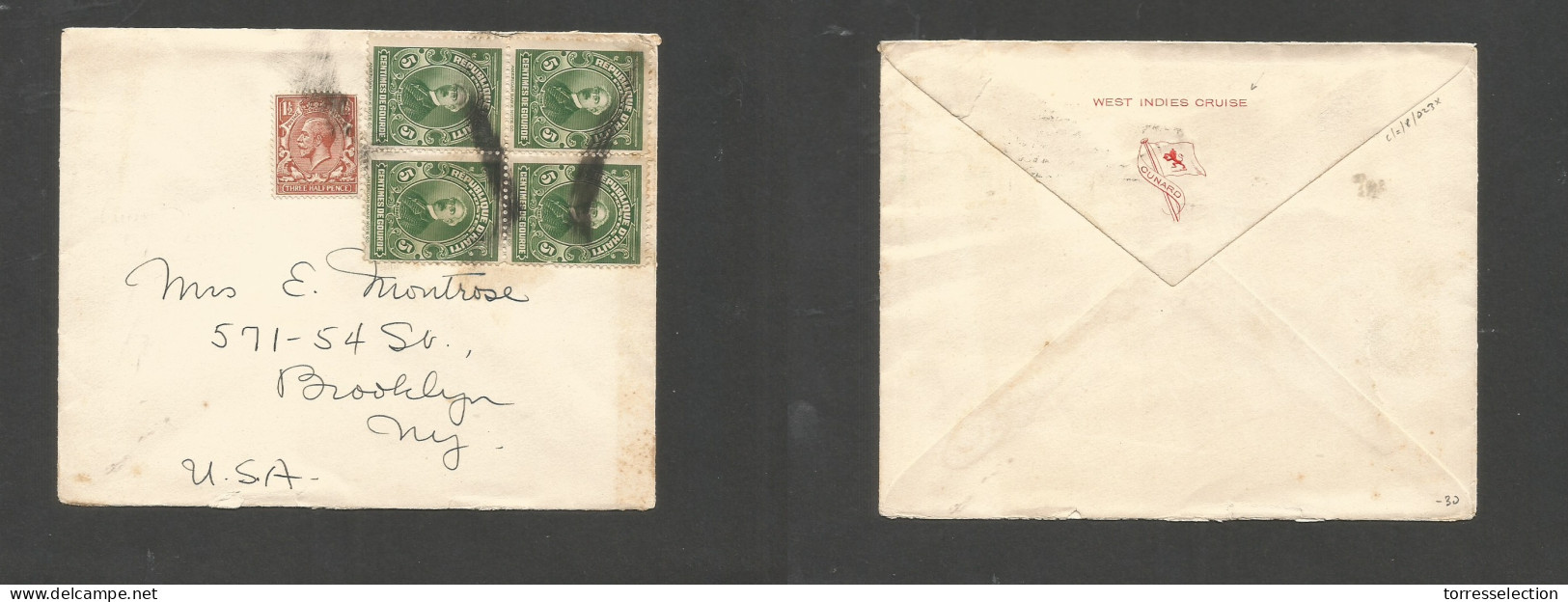 HAITI. C. 1930. West India Cruise. Multifkd Env To NY, Blooklyn. 5c Green Block Of Four + GB 1 1/2d, All Tied On Board P - Haïti