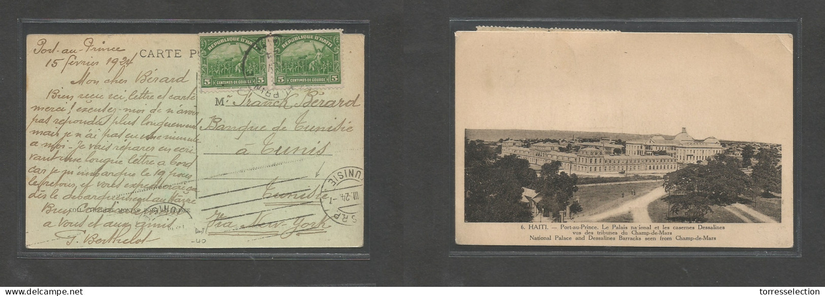 HAITI. 1924 (15 Feb) Port Prince - Tunisia, Tunis (12 March) Via NY. Fkd Ppc With Arrival. Rarity Destination. - Haiti