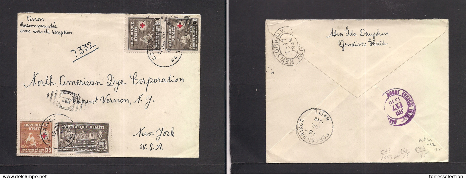 HAITI. 1946 (12 July) Gonaives - USA, NYC (17 July) Red Cross Registered AR Multifkd Envelope. - Haïti