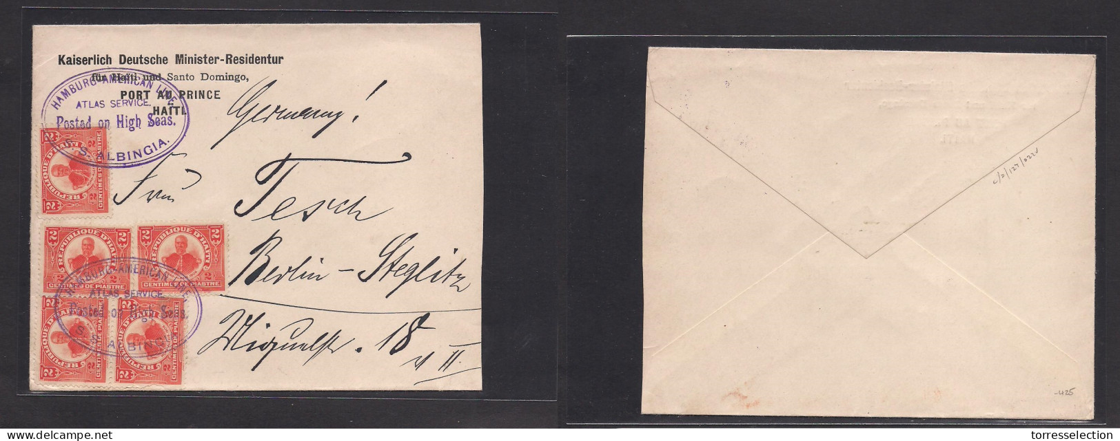 HAITI. C. 1910. Port Prince - Germany, Berlin. Multifkd 2c Red (x5) Envelope, Cancelled On Board German Ship SS Albingia - Haïti