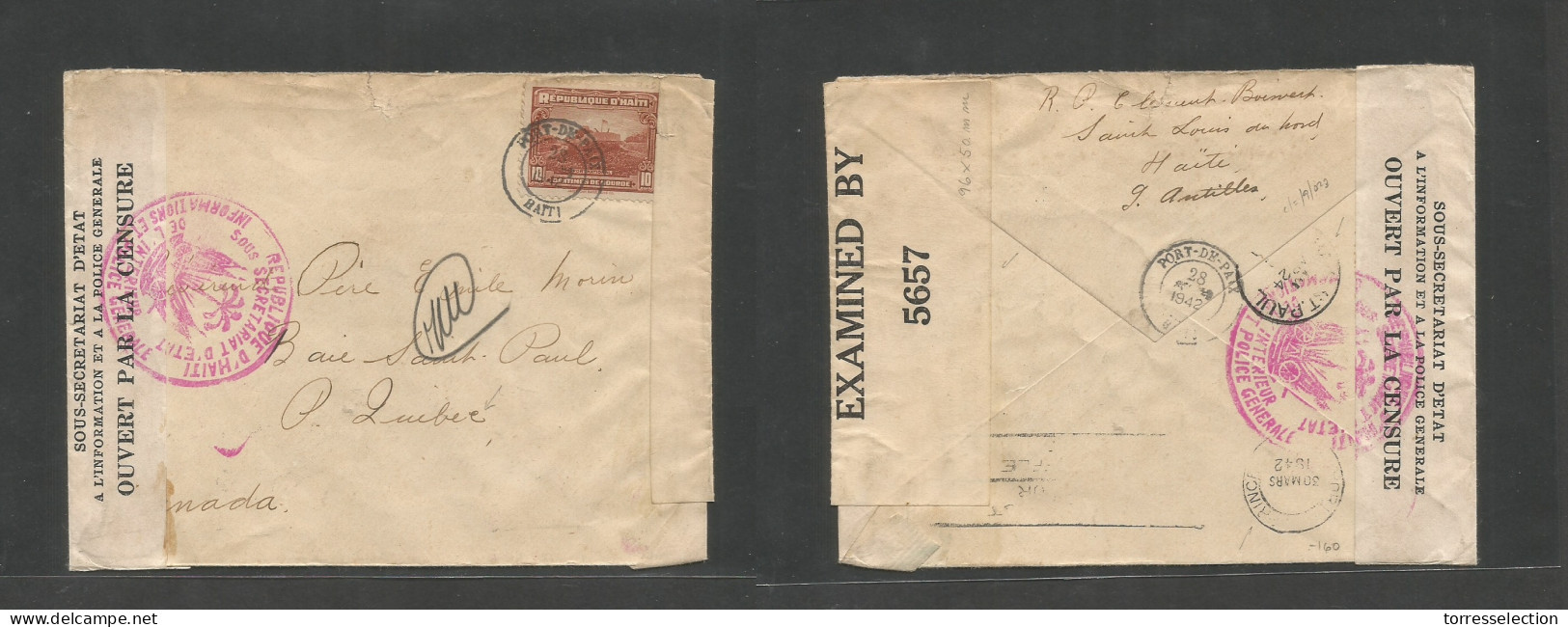 HAITI. 1942 (28 March) Port De Paix - Canada, Quebec (24 Apr) Single 10c Fkd Env, Depart Censor Red Cacheted Label + Arr - Haiti