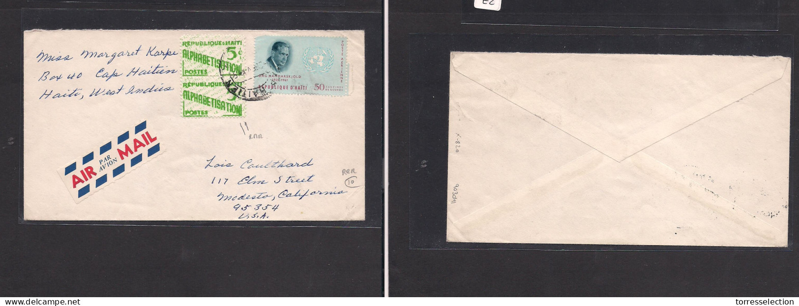 HAITI. Haiti - Cover - C.1960s Cap Haitien To USA Modesto, CA Air Fkd Env + ALPHABETISATION Vert Pair, Tied. Better Item - Haiti