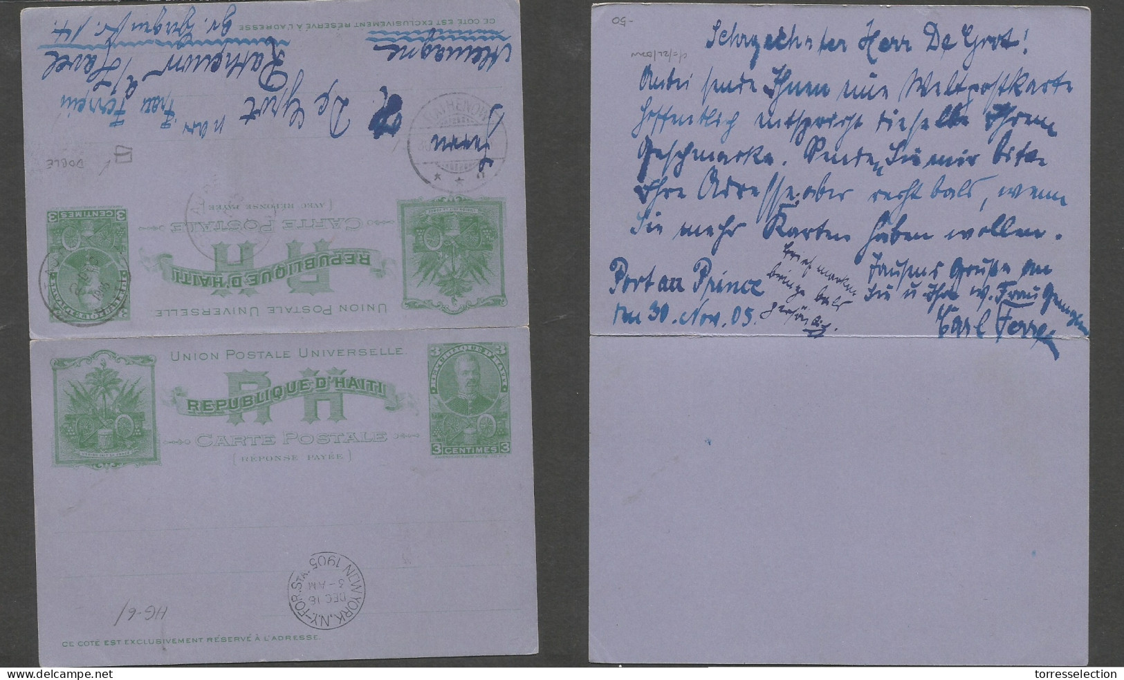 HAITI. 1905 (2 Dic) Port Prince - Germany, Rathenow (30 Dec) 3c Green / Blue Doble Stat Card, Used On Way Out. Fine Usag - Haití