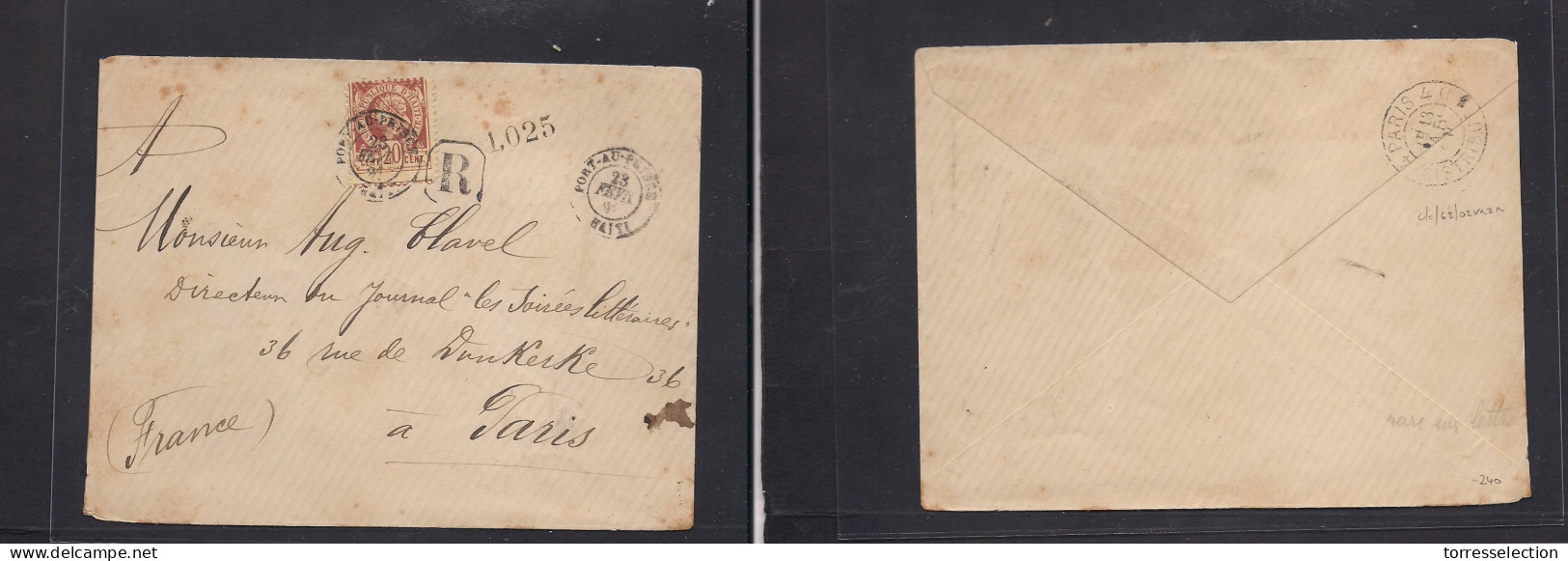 HAITI. 1891 (23 Febr) Port Prince - Paris, France (13 March) Registered Single 20c Perf Fkd Env, Tied Cds + R-cachet. Fi - Haïti
