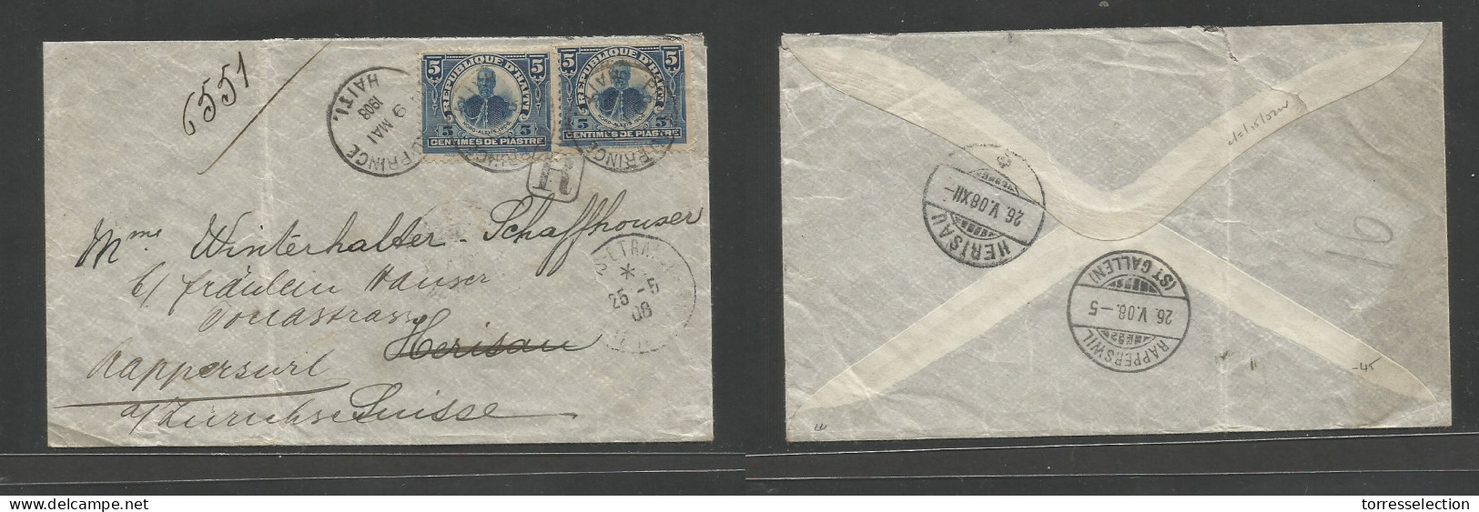 HAITI. 1908 (9 May) Port Prince - Herisau, Switzerland (26 May) Fwded. Registered Multifkd Env At 10c Rate, Cds. Fine. - Haïti