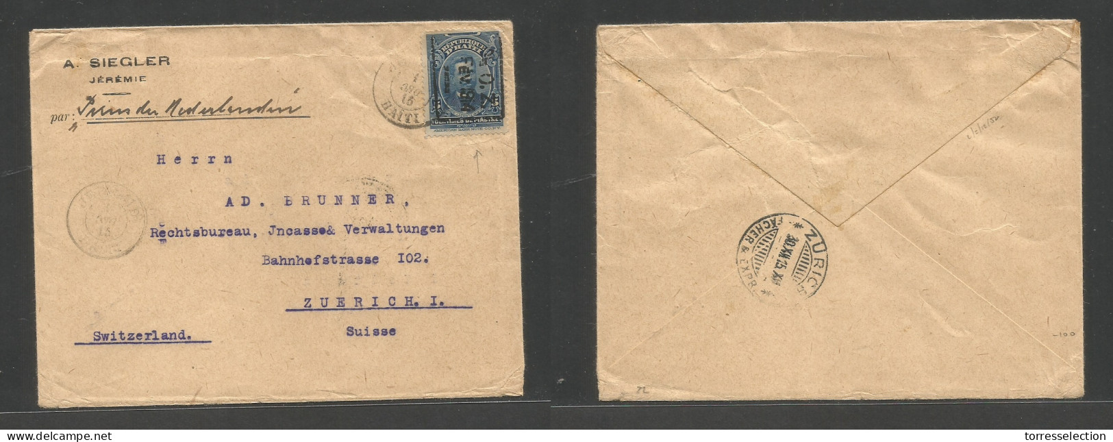 HAITI. 1915 (1 Dec) Jeremie - Switzerland, Zurich (30 Dec) Overprinted Issue 5c Blue Fkd Env. Comercial. Scarce On Cover - Haiti
