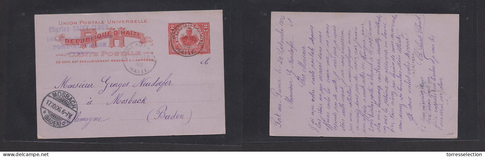 HAITI. 1906 (30 Sept) Port Prince - Germany, Baden 2c Red / Violet Stat Card. Fine Used. - Haïti