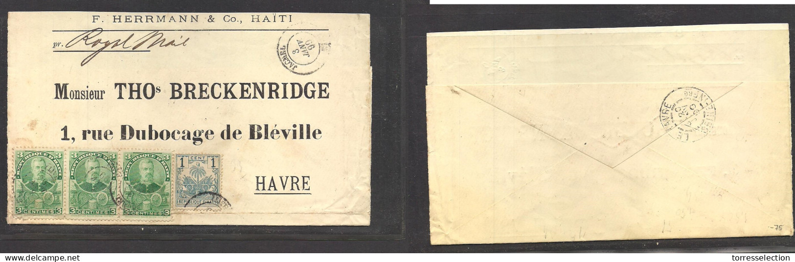 HAITI. 1899 (3 Jan) Jacmel - France, Havre (20 Jan) Via Royal Mail. Multifkd Env At 10c Rate Incl Palms 2nd Design. Fine - Haïti