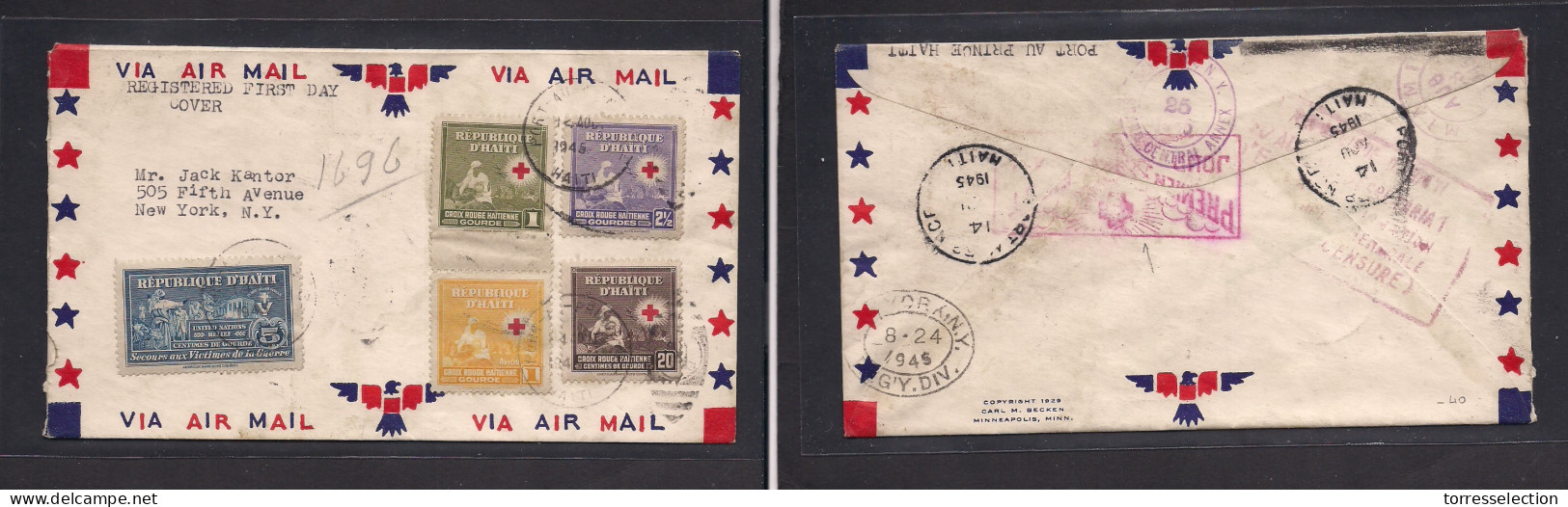 HAITI. 1945 (14 Aug) Port Prince - USA, NYC (24 Aug) Registered Air Multifkd Env. Red Cross Issue. Circulated VF. Revers - Haïti