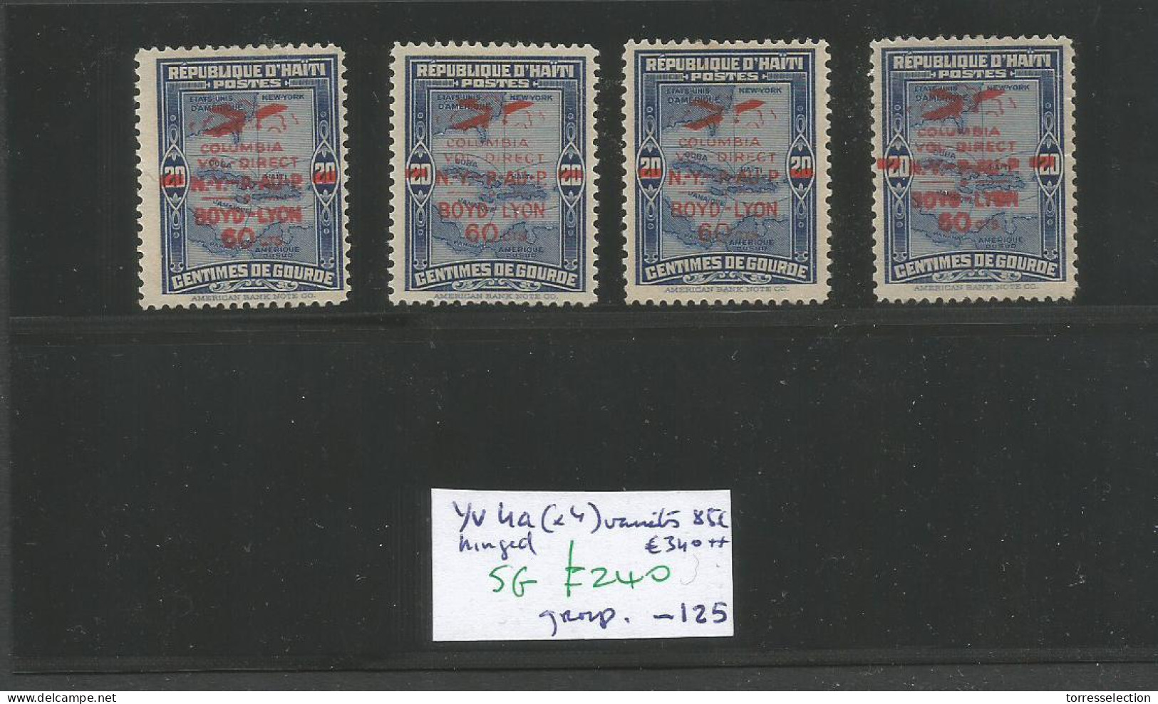 HAITI.  C. 1930 Airmail Yv. 4a (x4) Overprinted 60c/20c Red, All With Diff  Varieties. Columbia - NY Flight. Boyd - Lydn - Haïti