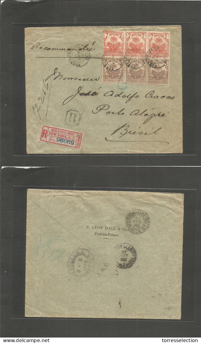 HAITI. 1902 (30 August) Port Prince - Brazil, Porto Alegre (remote South Tip Town) (23 Oct) Palm Issue. Registered Multi - Haïti