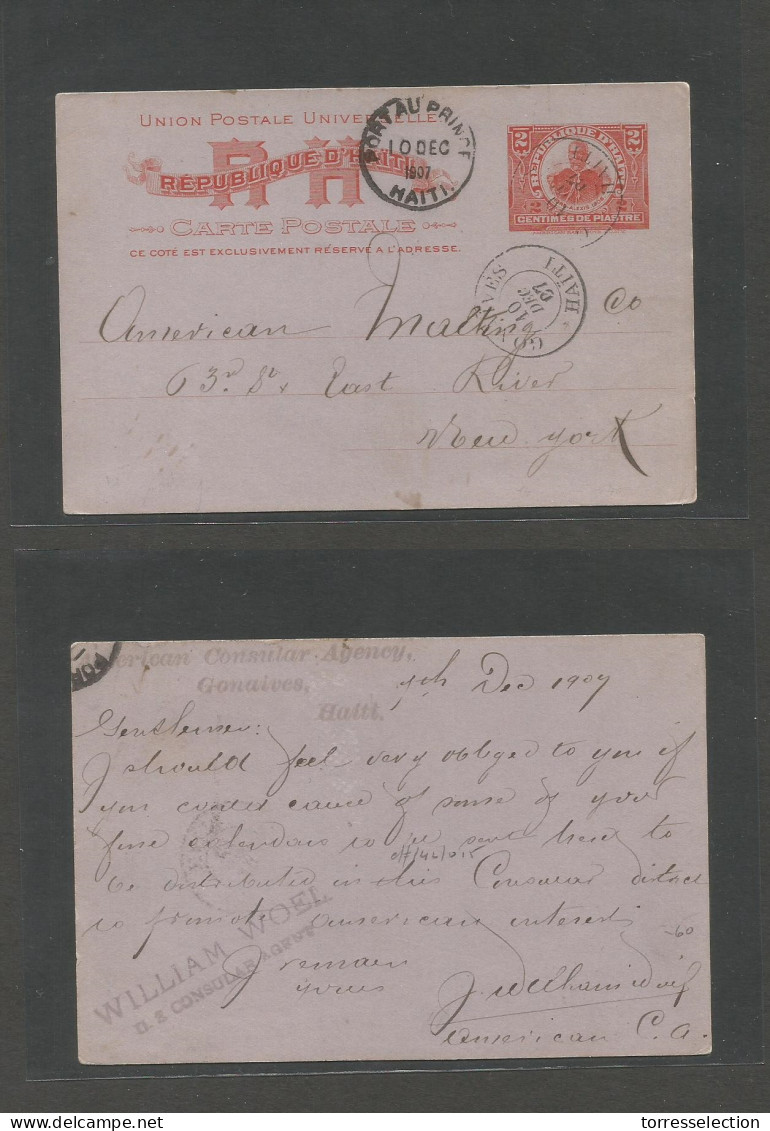 HAITI. 1907 (10 Dec) Gonaives - USA, NYC. Via Port Prince 2c Red Stat Card, Cds. VF. - Haïti