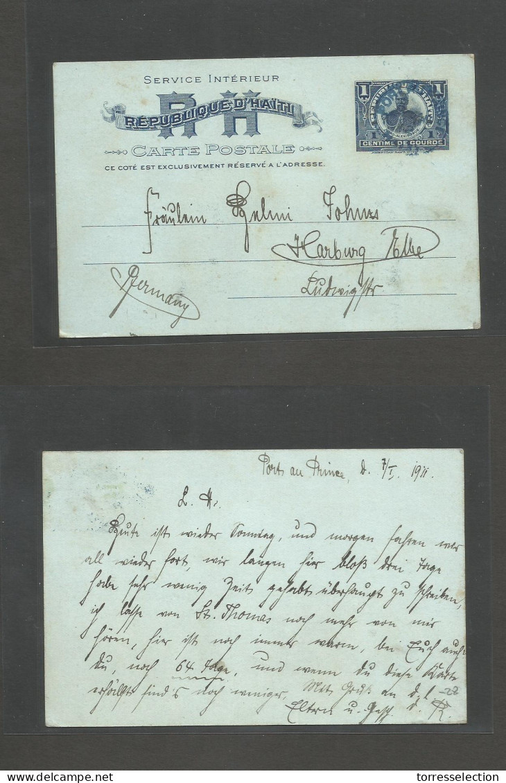 HAITI. 1911 (7 Jan) Port Prince - Germany, Hamburg. 1c Blue / Bluish Stationary Card, Blue Cds. Fine. - Haïti