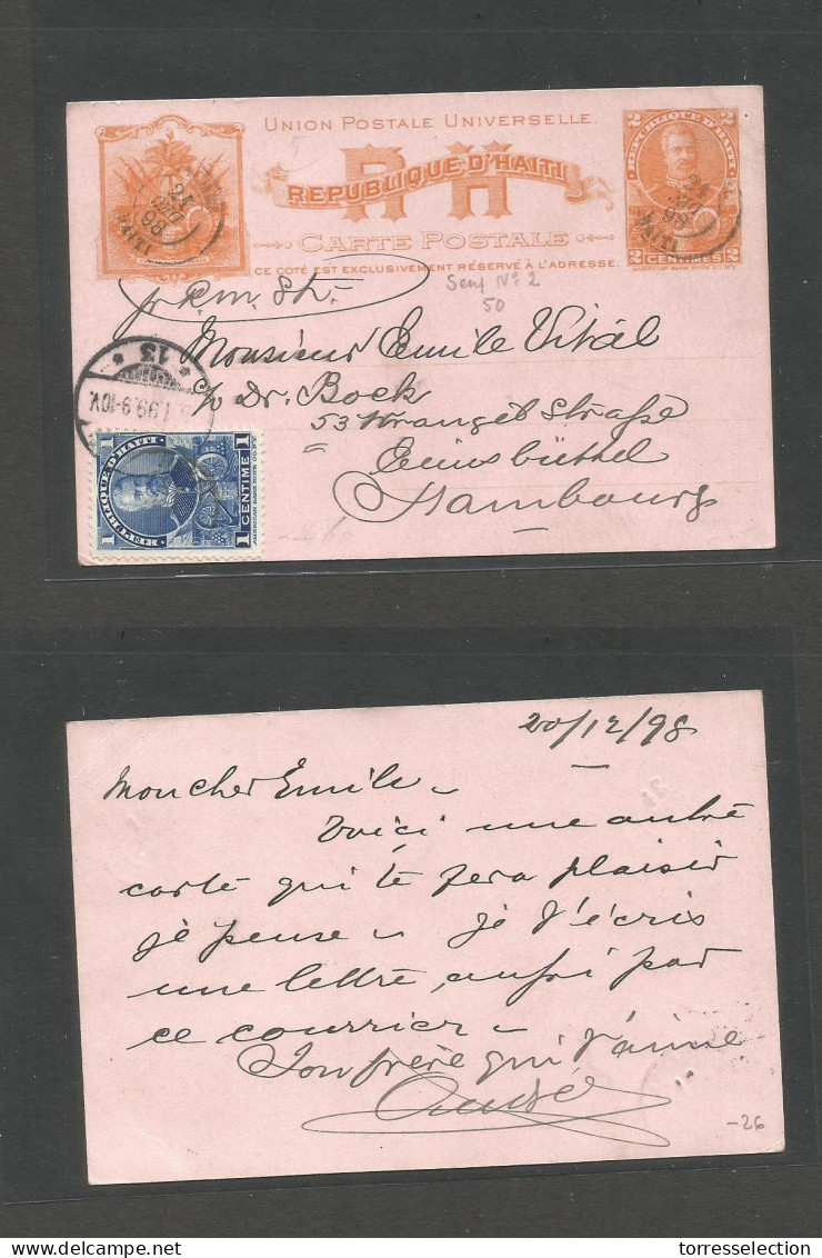 HAITI. 1899 (21 Dec) Jacmail - Germany, Hamburg (5 Jan 99) 2c Orange Stat Card + 1c Adtl, Cds. Fine. Serif Nº5. - Haïti