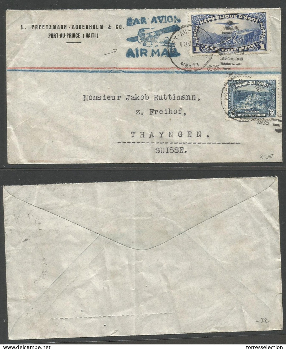 HAITI. 1935 (13 Nov) Port Au Prince - Switzerland, Thayngen. Air Multifkd Envelope. Includes 1 Gourde Blue Air Stamp + C - Haïti