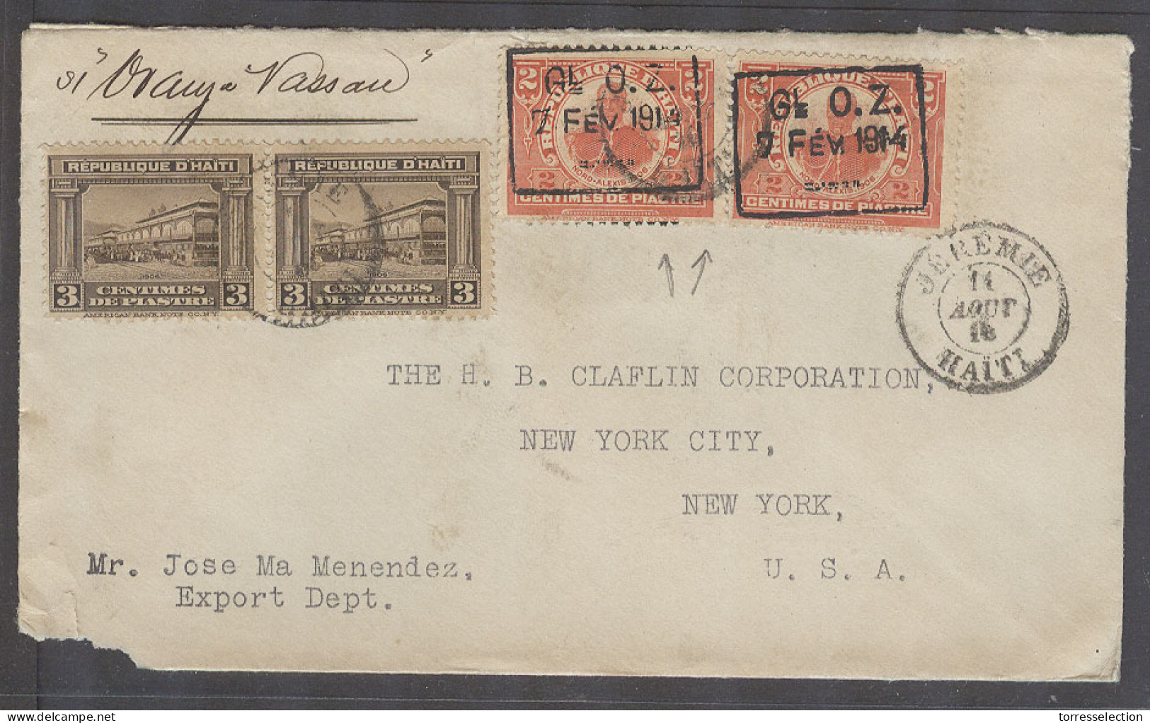 HAITI. 1916 (14 Aug). Jeremie - USA. Ovptd Issue Mixed Fkg Env Per SS Oraya Nassau. - Haïti