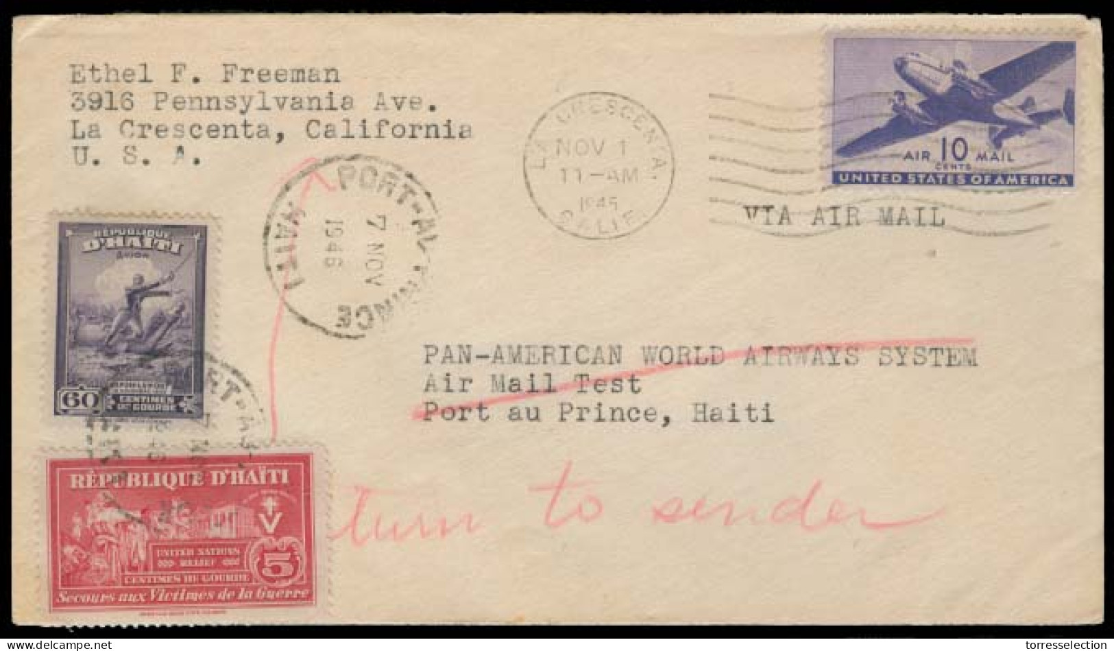 HAITI. 1946 (1 Nov). USA - Haiti - USA. Dual Fkd Flown Panama Flight. Nice Cond. - Haïti