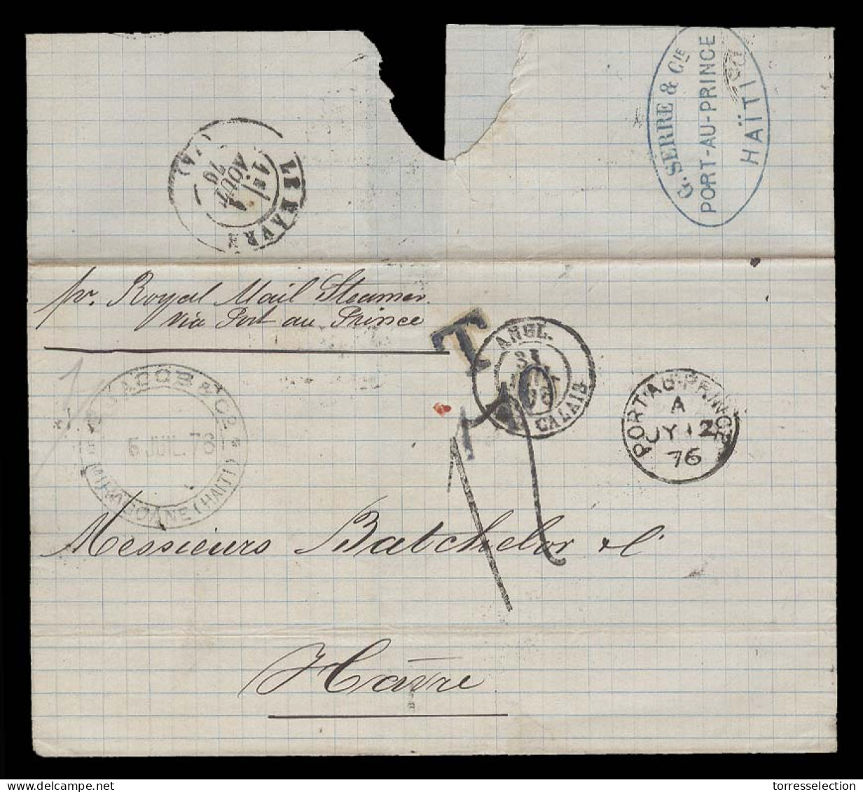 HAITI. 1876 (5 July). Miragoane - France. EL Fwded To Port Au Prince By G Serve, Reverse Blue Oval Pmk Via BPO Port Au P - Haïti